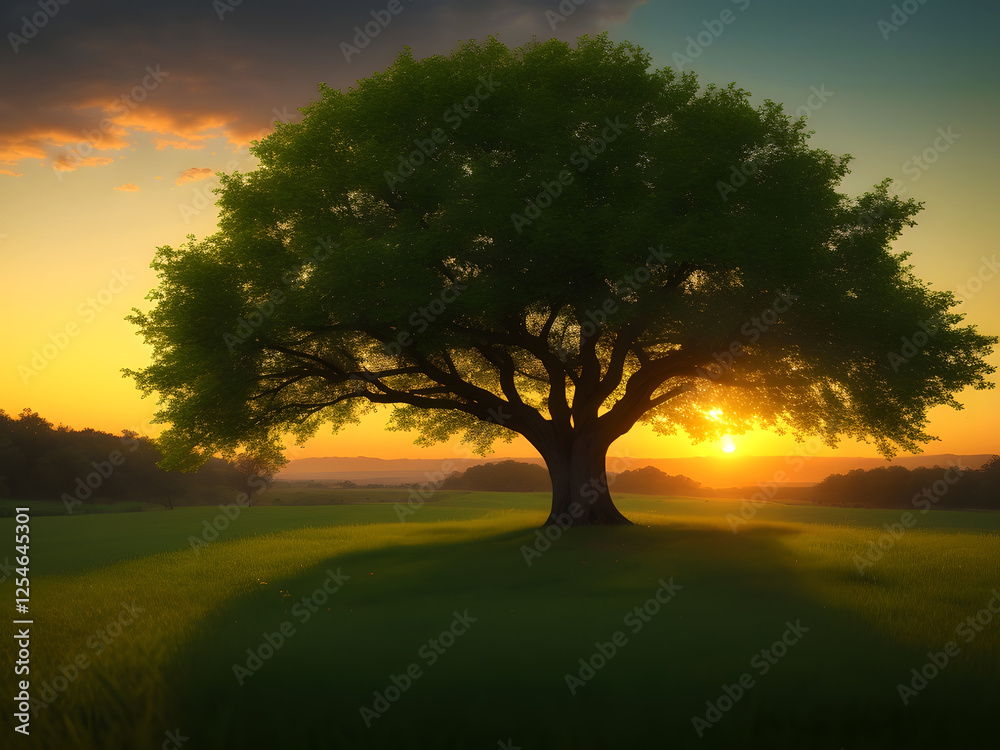 Naklejka premium sunrise and a green tree in the forest