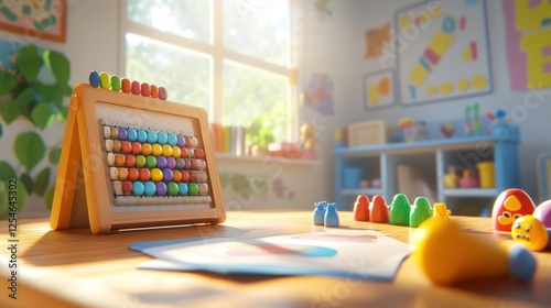 Sunny classroom with abacus, toys, and worksheets.