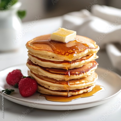 A stack of fluffy buttermilk pancakes with a drizzle of maple syrup and a pat of butter, elegantly arranged on a white plate, Pancakes centered