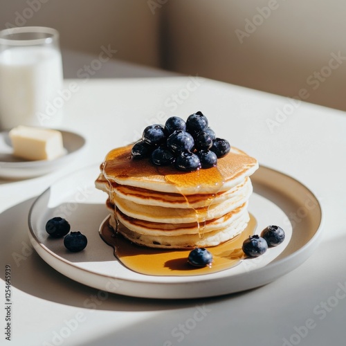 A stack of fluffy pancakes topped with fresh blueberries and maple syrup, served on a minimalist white plate, Pancakes centered