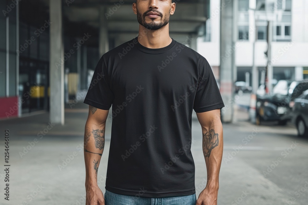 Man poses confidently in a black t-shirt against an urban backdrop in a city setting Man poses confidently in a black t-shirt against an urban backdrop in a city setting