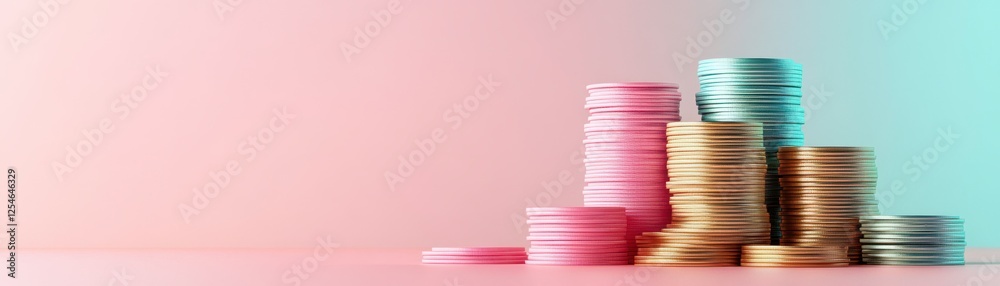 A colorful stack of coins in various heights, showcasing a modern and vibrant financial theme against a soft gradient background. A colorful stack of coins in various heights, showcasing a modern and vibrant financial theme against a soft gradient background.