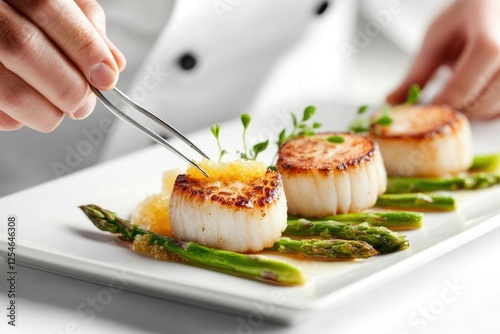 Fototapeta Naklejka Na Ścianę i Meble -  Chef plating seared scallops with asparagus and citrus sauce, a gourmet dish.