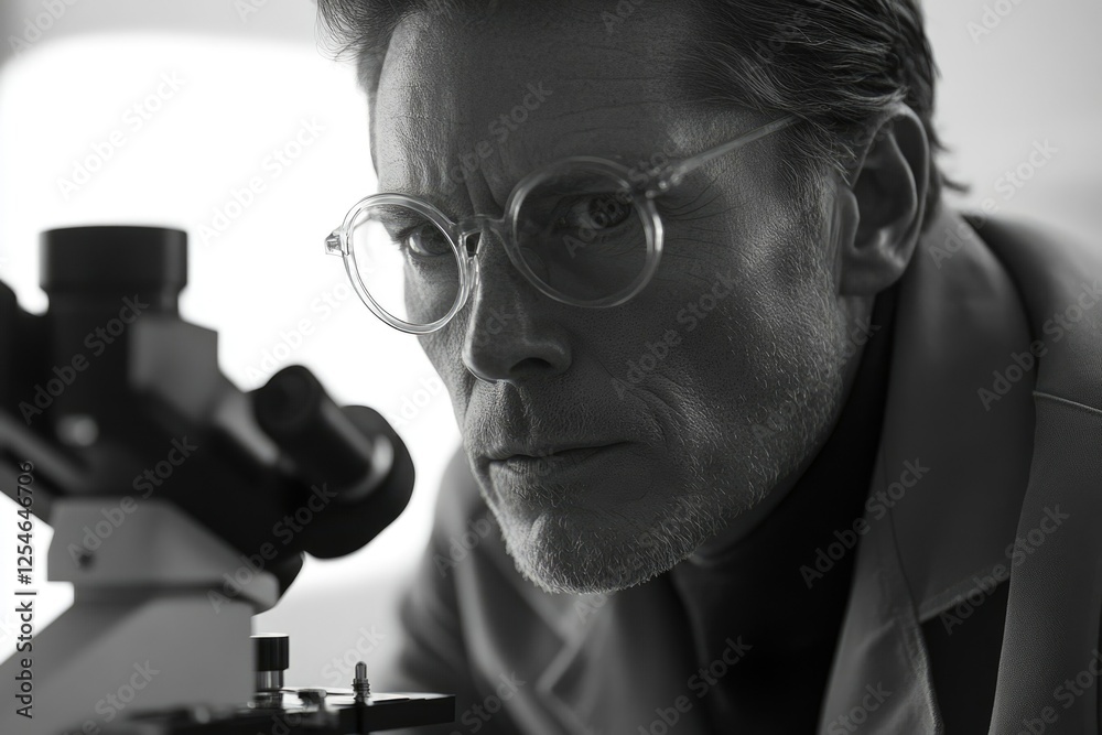 A man intently looks through a microscope, engrossed in scientific research. A man intently looks through a microscope, engrossed in scientific research.