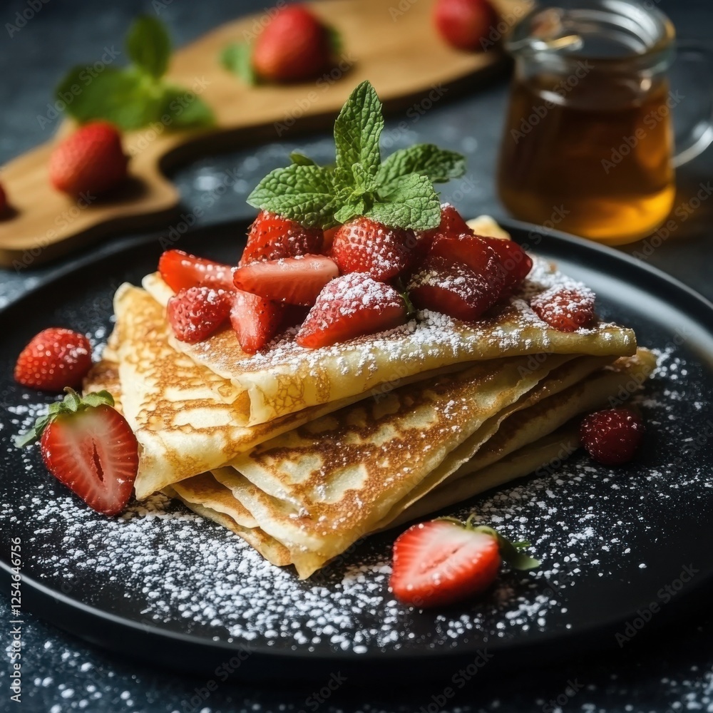 A stack of thin, delicate crêpes topped with fresh strawberries and a dusting of powdered sugar, served on a sleek black plate A stack of thin, delicate crêpes topped with fresh strawberries and a dusting of powdered sugar, served on a sleek black plate