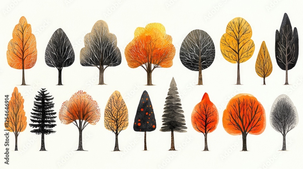 Fototapeta premium Colorful illustration of various trees showcasing autumn foliage against a light background
