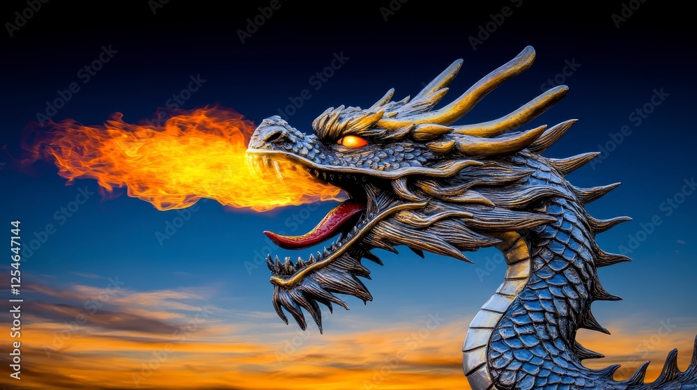 A pixelated dragon head erupts in fiery orange flames against a dramatic twilight sky filled with sunset hues and clouds A pixelated dragon head erupts in fiery orange flames against a dramatic twilight sky filled with sunset hues and clouds