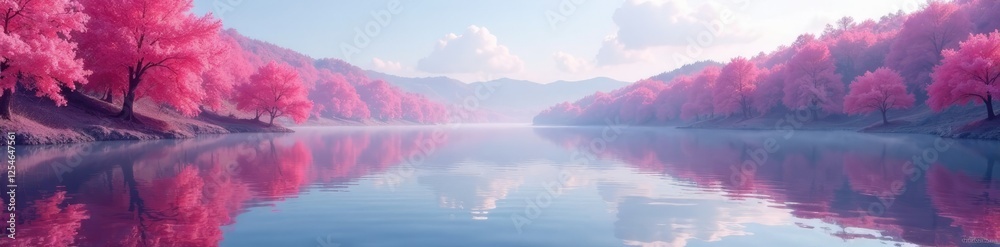 Obraz premium Reflections of pink trees on lake surface ripple, serene landscape, calming scene