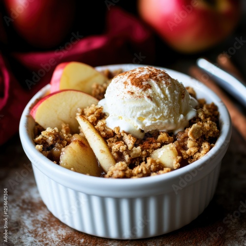 A sweet and crispy apple crisp with a buttery topping and a scoop of vanilla ice cream, served in a white ramekin, Apple crisp centered