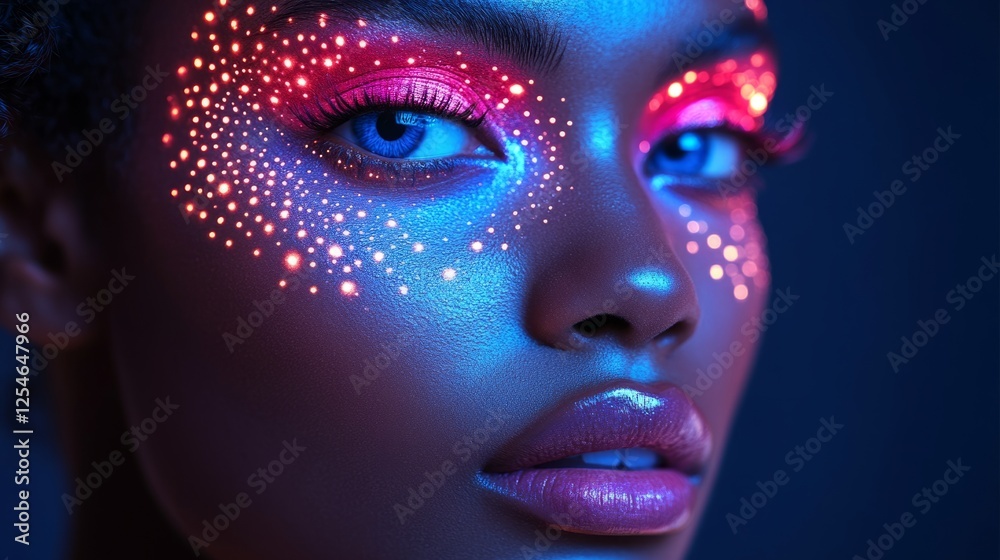 Portrait of a woman with neon UV makeup, colorful patterns on face, soft ambient glow Portrait of a woman with neon UV makeup, colorful patterns on face, soft ambient glow