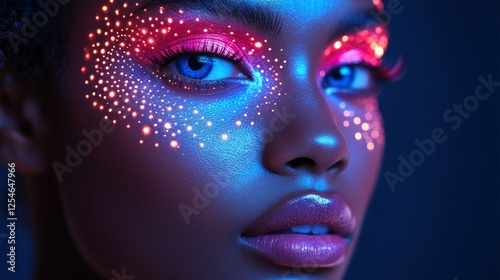 Portrait of a woman with neon UV makeup, colorful patterns on face, soft ambient glow
