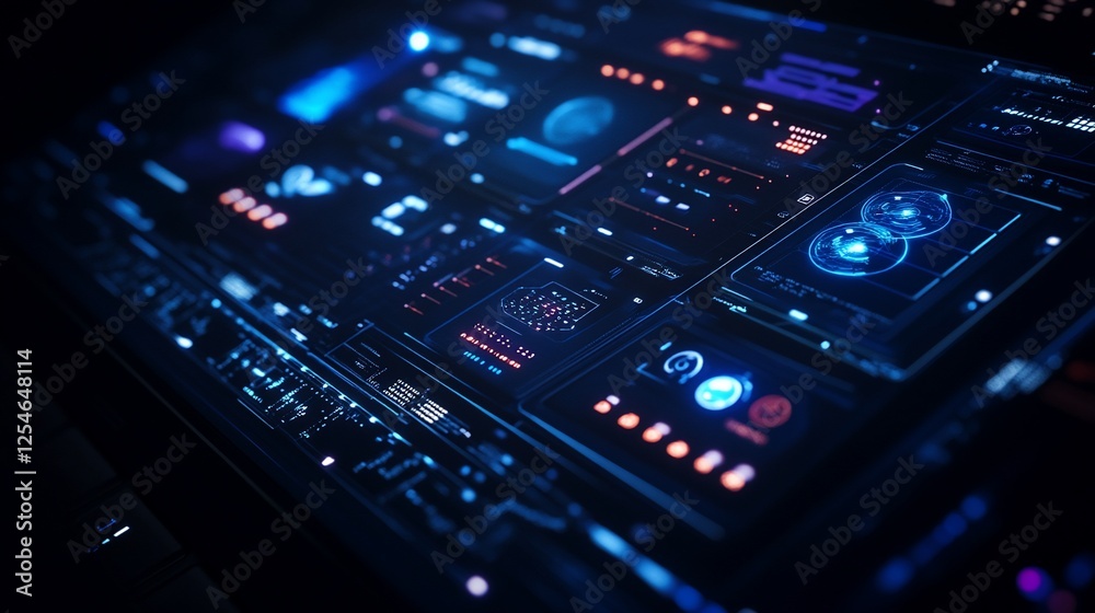 Futuristic interface with illuminated touch screens showcasing advanced data analysis Futuristic interface with illuminated touch screens showcasing advanced data analysis