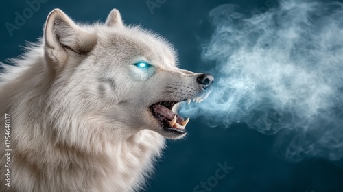 Close up of a white wolf with glowing blue eyes, emitting smoke, against a dark background. Powerful expression