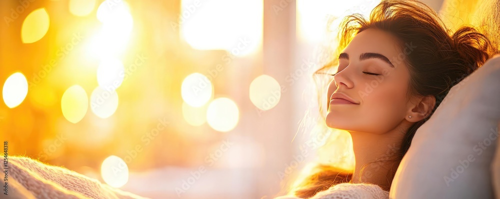 Fototapeta premium Wake up woman concept. A serene moment of a woman enjoying sunlight and relaxation in a cozy environment.