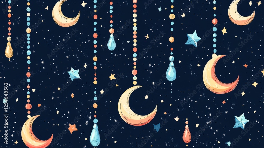 Naklejka premium A festive Ramadan Kareem seamless pattern, featuring hand-drawn vector illustrations of prayer beads, crescent moons, and stars