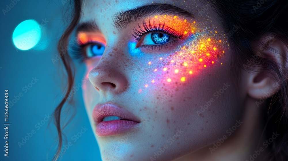 Portrait of a woman with neon UV makeup, colorful patterns on face, soft ambient glow Portrait of a woman with neon UV makeup, colorful patterns on face, soft ambient glow