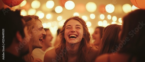 Friends revel in each other's company, surrounded by myriad warm lights, capturing the essence of joy and shared moments at a lively gathering.
