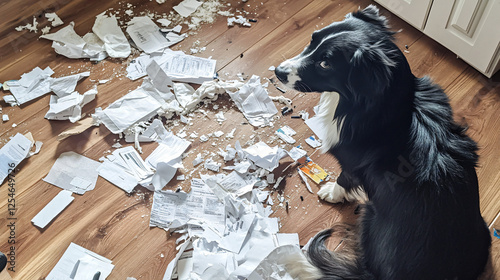 Mischief Managed: A black and white border collie sits amidst a chaotic scene of shredded papers, a look of playful mischief in its eyes. The wooden floor is covered in scattered fragments.