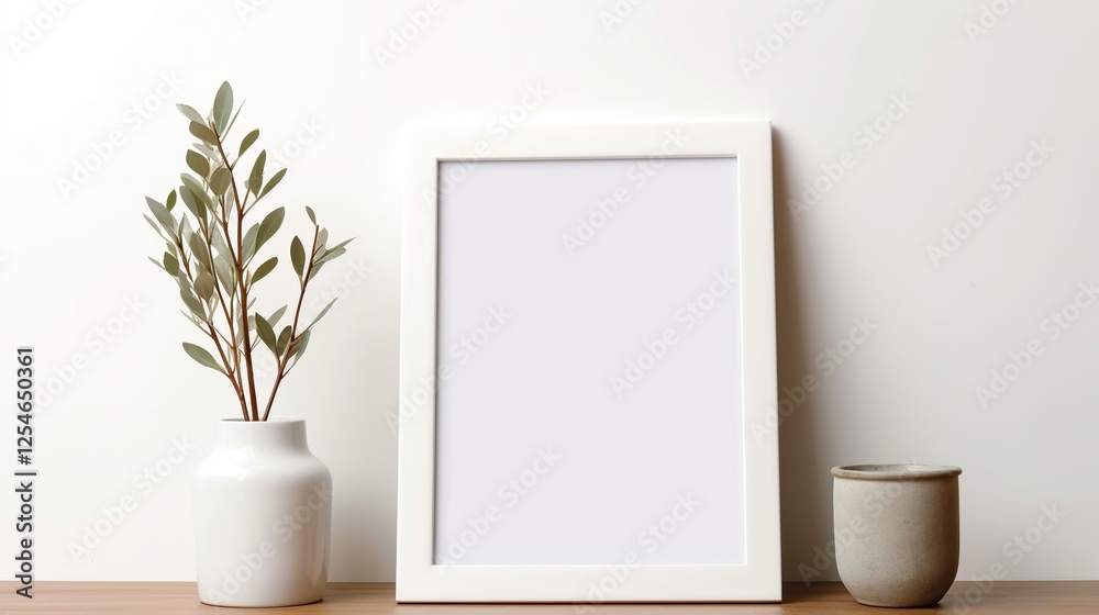 Empty frame for mockup on the table and vase ceramic with flowers isolated white background Empty frame for mockup on the table and vase ceramic with flowers isolated white background