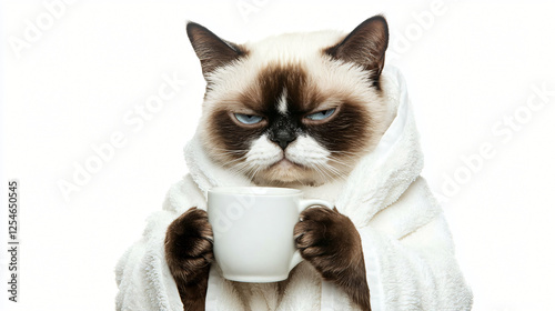 Grumpy Cat in Bathrobe: A grumpy-looking cat, wrapped in a fluffy white bathrobe, holds a mug, conveying a sense of morning displeasure or general feline disdain.  The image is humorous and relatable. photo