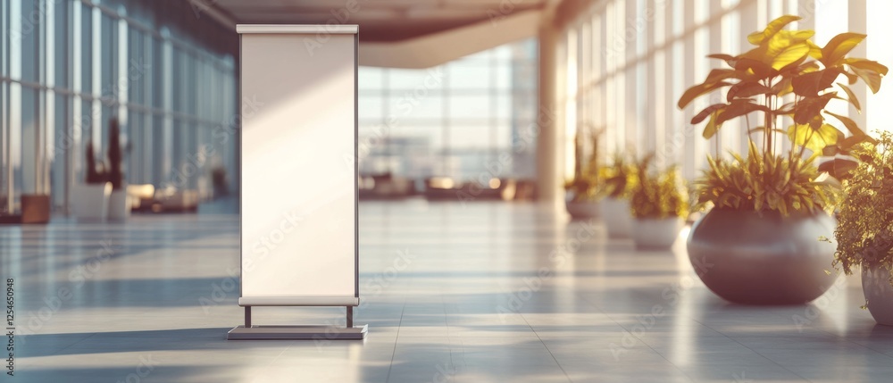 A sunlit, modern office space with a blank vertical sign and lush potted plants, creating an inviting, minimalist aesthetic.
