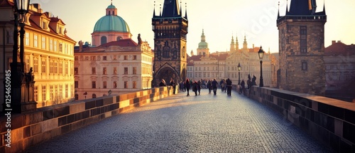 Panel kuchenny z motywem The iconic Charles Bridge is bathed in warm, golden light as tourists begin their day, capturing the timeless allure of historic Prague.