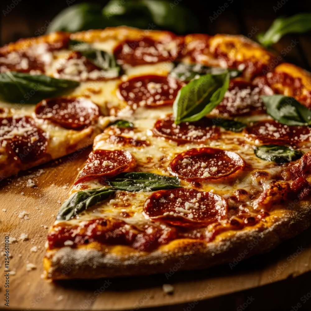 A traditional pepperoni pizza with a crispy crust and melted cheese, sliced and served on a wooden pizza board, Pizza slices centered A traditional pepperoni pizza with a crispy crust and melted cheese, sliced and served on a wooden pizza board, Pizza slices centered