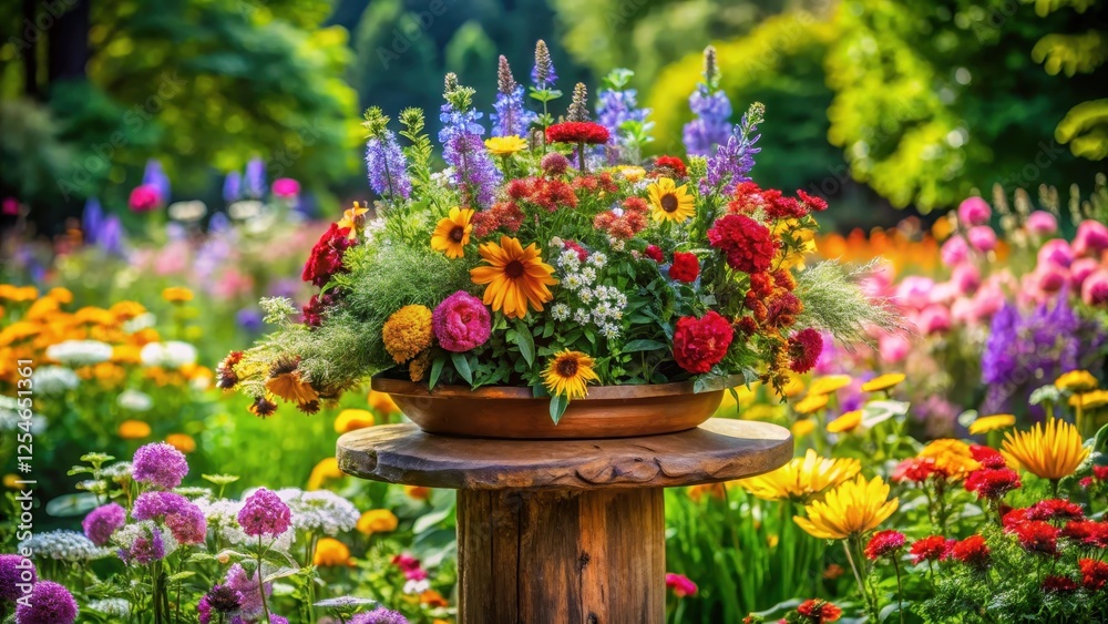 Naklejka premium Colorful wildflowers blooming on a wooden pedestal amidst lush greenery, surrounded by vibrant foliage , botanical garden, greenery