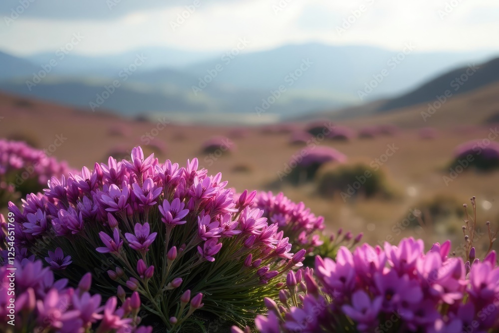 Obraz premium Soft purple flowers blooming on heather moorland, heather,
