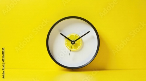 A vibrant yellow backdrop showcases a minimalist clock design, featuring a fresh citrus slice at its center, representing the perfect blend of time management and zesty refreshment.