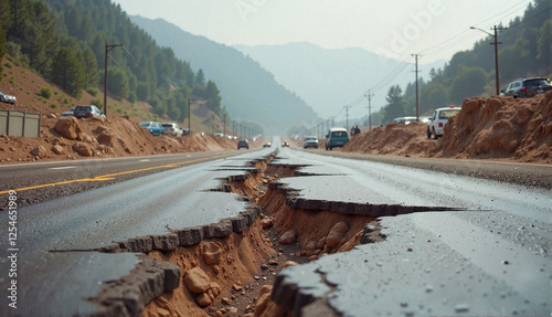 Aftermath of earthquake on road with cracked and uplifted highway, dramatic scene photo