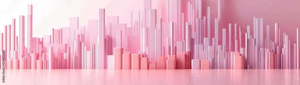 A colorful city skyline made of tall, pink, abstract structures, creating a modern and artistic atmosphere.