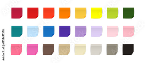 Big set of square self adhesive stickers. Colored sticky note with shadows. Isolated realistic vector illustration on white background