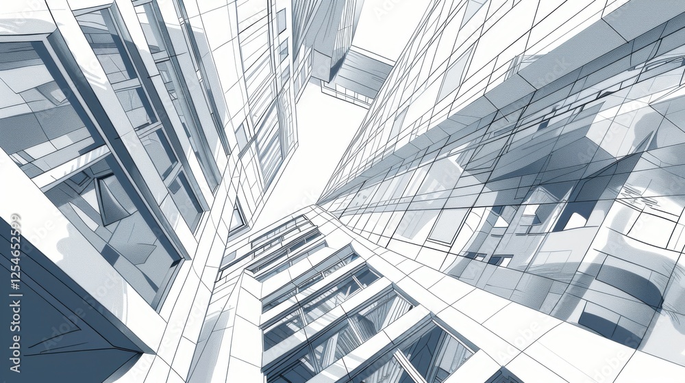 custom made wallpaper toronto digitalArchitectural illustration, vector drawing of building design, detailed blueprint sketch, technical line art, modern structure visualization