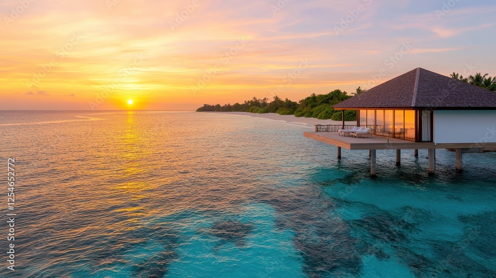 A tranquil sunset view over clear waters, featuring a modern waterfront villa surrounded by lush greenery. A tranquil sunset view over clear waters, featuring a modern waterfront villa surrounded by lush greenery.