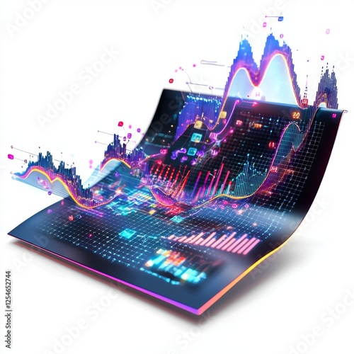 Futuristic Data Visualization with Vibrant Graphs and Charts Representing Financial Market Trends and Analytics