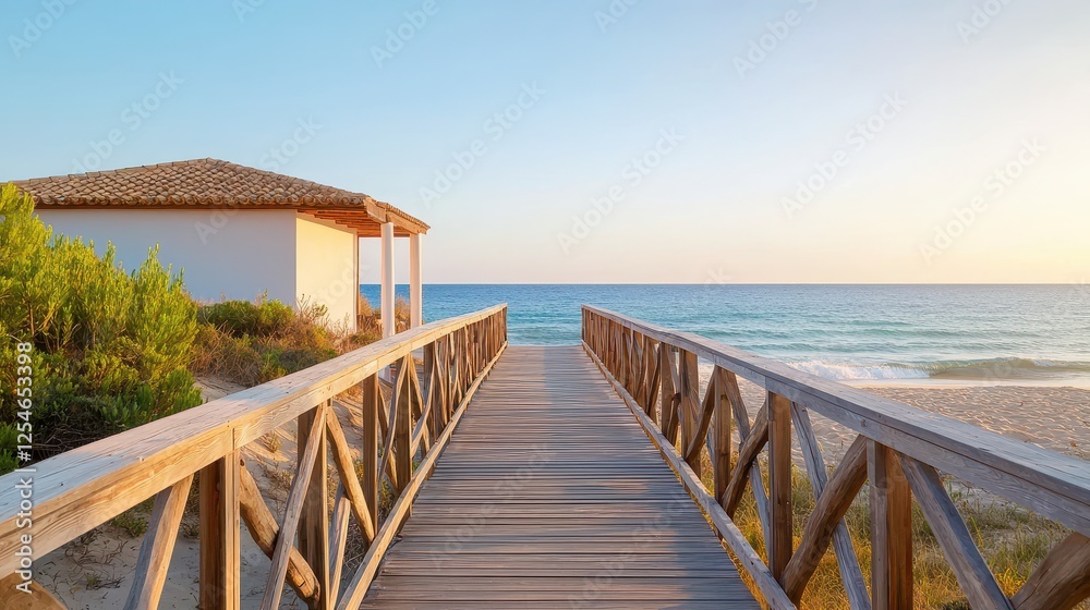 A serene wooden walkway leads to a tranquil beach, framed by lush greenery and a charming building under a warm sunset sky. A serene wooden walkway leads to a tranquil beach, framed by lush greenery and a charming building under a warm sunset sky.