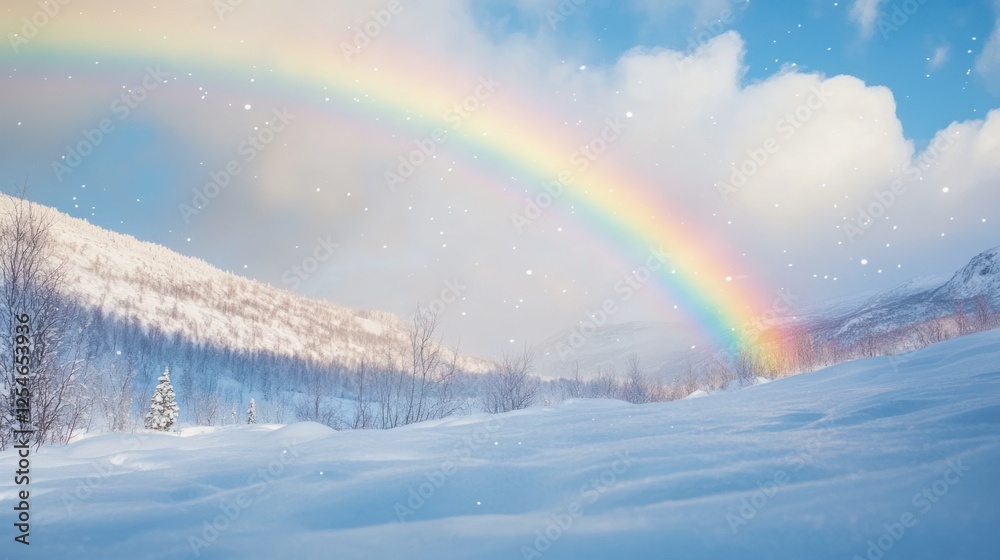 Winter wonderland, snow-covered landscape with a vibrant rainbow arc above Winter wonderland, snow-covered landscape with a vibrant rainbow arc above