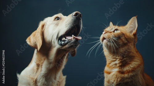 Wallpaper Mural Friendly portrait a labrador retriever dog with ginger cat sitting together. AI generated image Torontodigital.ca