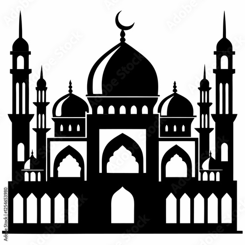 "A black and white silhouette of a grand Islamic mosque with multiple domes and towering minarets."