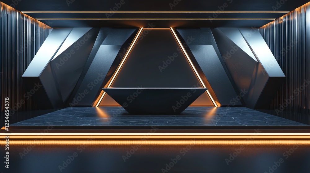 Obraz premium Abstract modern interior with geometric shapes and orange neon lights creating a futuristic mood