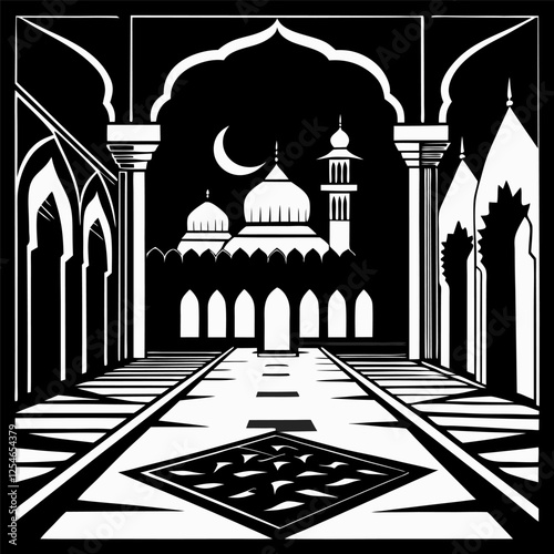 A black and white vector silhouette of a mosque courtyard with prayer mats visible."