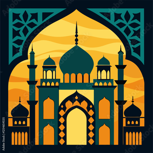 "A high-contrast mosque silhouette with intricate geometric window designs."