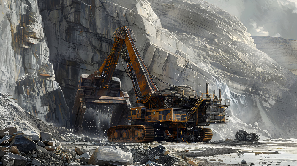 Mighty Quarry Extracting Machine at Work in a Rugged Rocky Landscape Mighty Quarry Extracting Machine at Work in a Rugged Rocky Landscape
