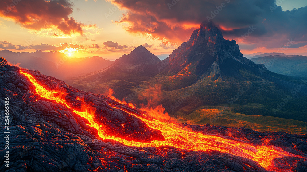 Fototapeta premium A dramatic landscape capturing fiery volcanic lava rocks flowing at sunset, symbolizing chaos and raw natural power, with blurred tones and empty space for potential captions.