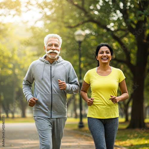 senior couple jogging in park. Active Senior Indian Couple Enjoying Morning Jog in Nature. Healthy Aging Concept.