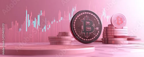 A digital representation of Bitcoin with a rising graph, showcasing cryptocurrency trends against a pink background.