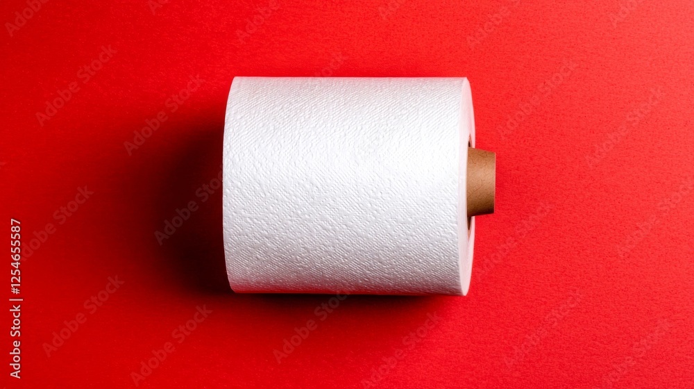 Obraz premium White paper towel roll on red background with simple design highlighting texture and minimalism