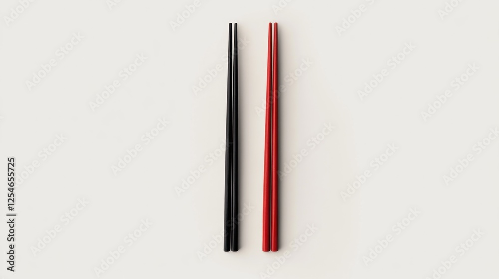 Red and black chopsticks on white background; food preparation Red and black chopsticks on white background; food preparation