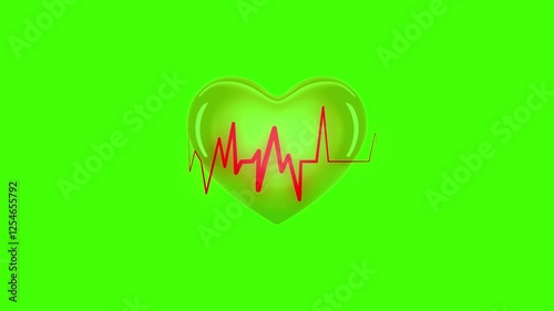 Animated heartbeat featuring a red electrocardiogram (ECG) pulse line motion  on a green screen background.Ideal for medical presentations, hospital explainer videos, and healthcare commercials etc., 